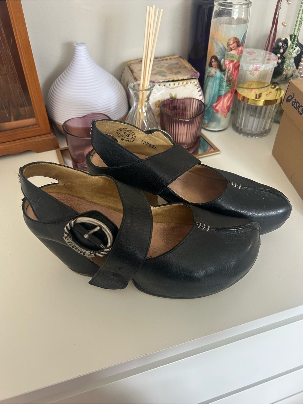 John Fluevog Black Leather Mary Jane Wedge Clogs with Silver Buckle